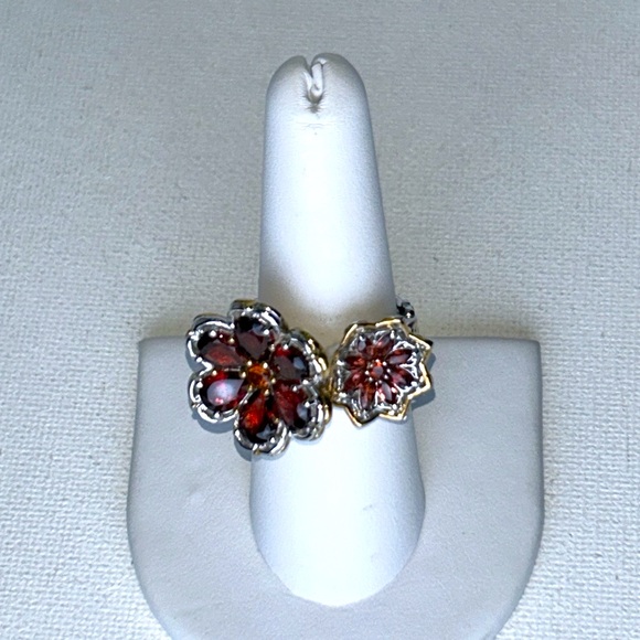 NWOT Gems en Vogue Sterling 18K Accent Genuine Gemstone 2 Flower Designer Ring